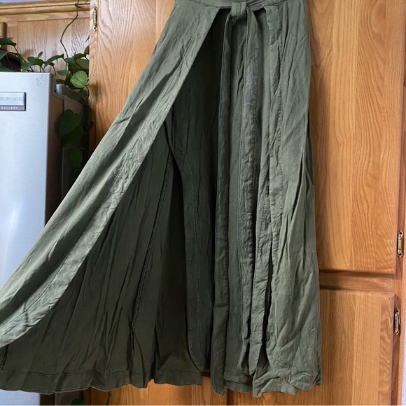 Free People American Ride Maxi Skirt Linen Olive Sage Green Wrap Side Slits 2 - Picture 7 of 10